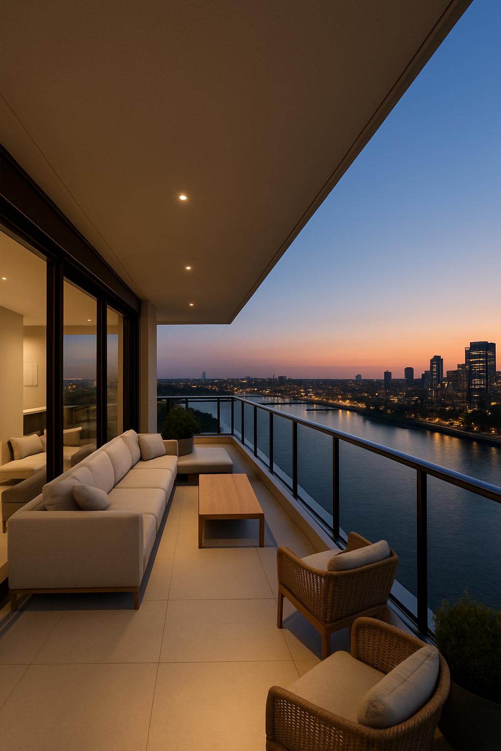 Sunset vista balcony with contemporary design, large windows overlooking a serene body of water.