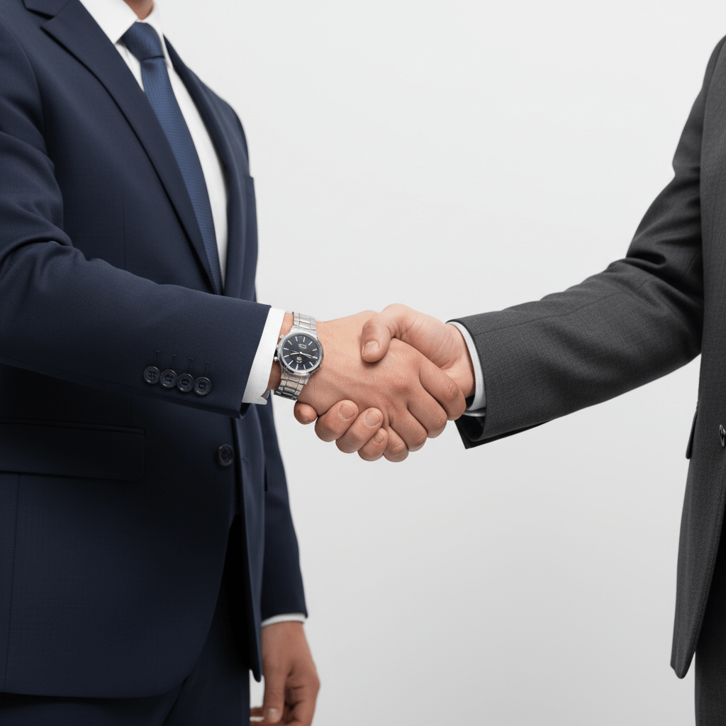 Two people in business suits shaking hands against a plain white background.
