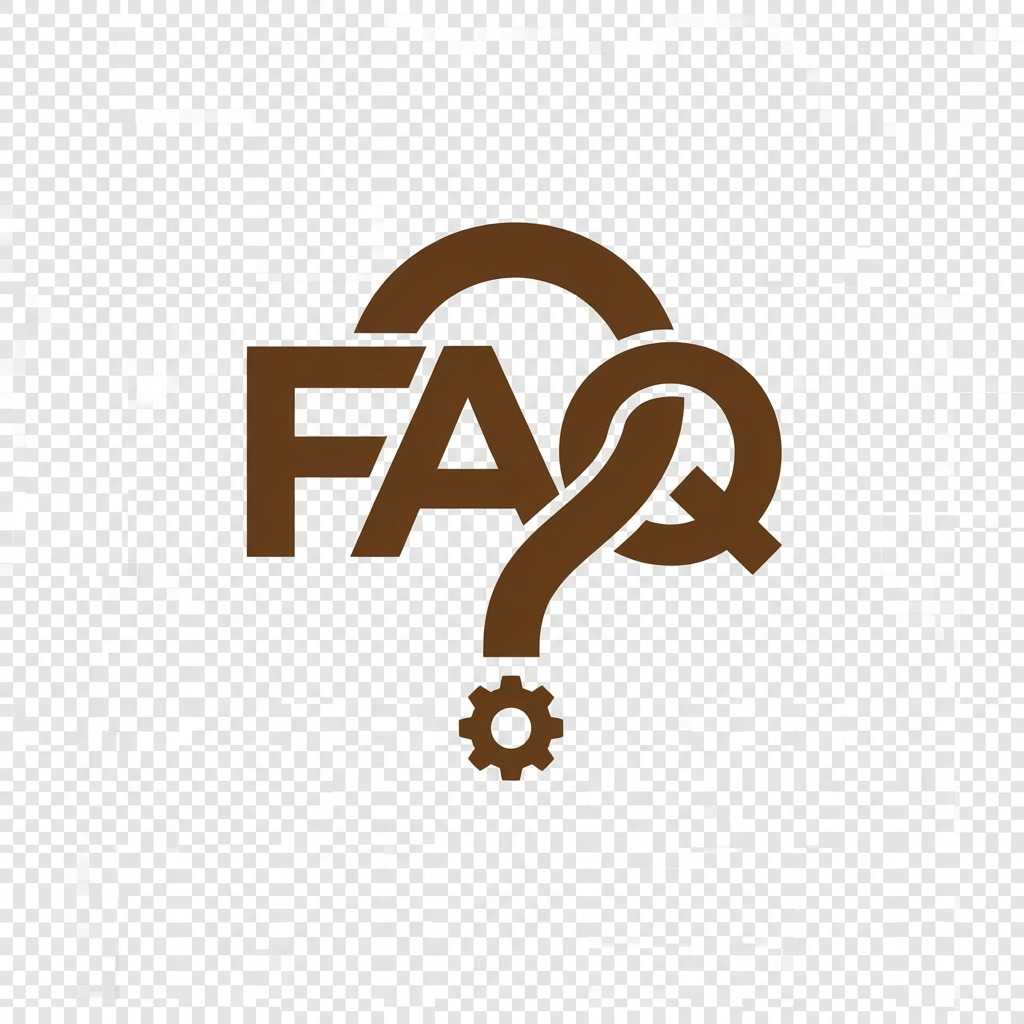Embossed leather patch featuring FAQ text, a question mark, and a gear icon.